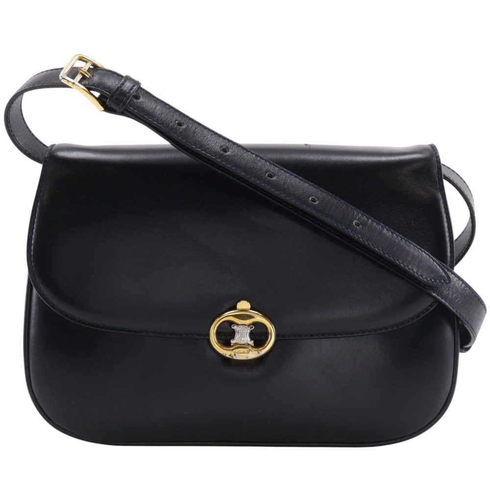Celine Triomphe Shoulder Bag, 2-Way Clutch, Calfskin, Black, Crossbody, Flap,...